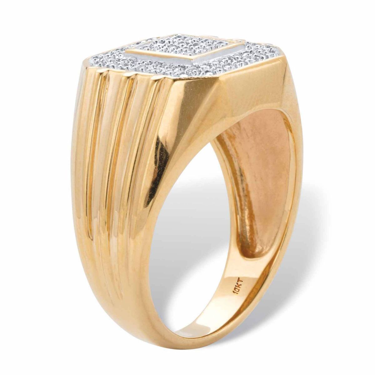 Mens 1/10 Cttw. Round Solid 10k Yellow Gold Diamond Ribbed Octagon Ring