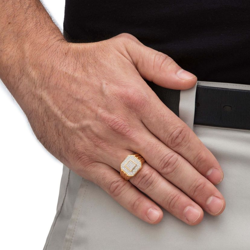 Mens 1/10 Cttw. Round Solid 10k Yellow Gold Diamond Ribbed Octagon Ring