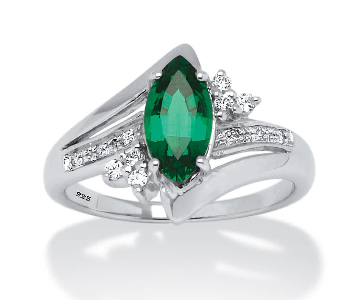 Lab Created 1.52 TCW Marquise-Cut Emerald Ring in Platinum-plated Sterling Silver
