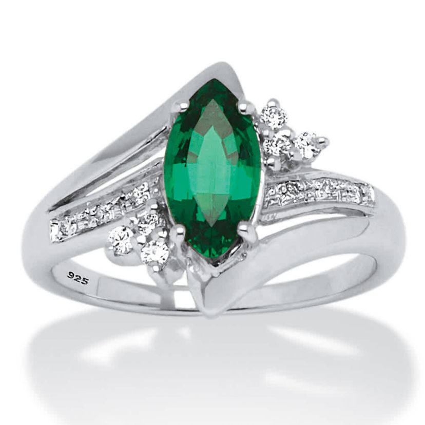 Lab Created 1.52 TCW Marquise-Cut Emerald Ring in Platinum-plated Sterling Silver