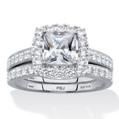 Seta Jewelry Lab Created Princess-Cut Created White Sapphire 2-Piece Halo Wedding Ring Set 2.60 TCW in Platinum-plated Sterling Silver