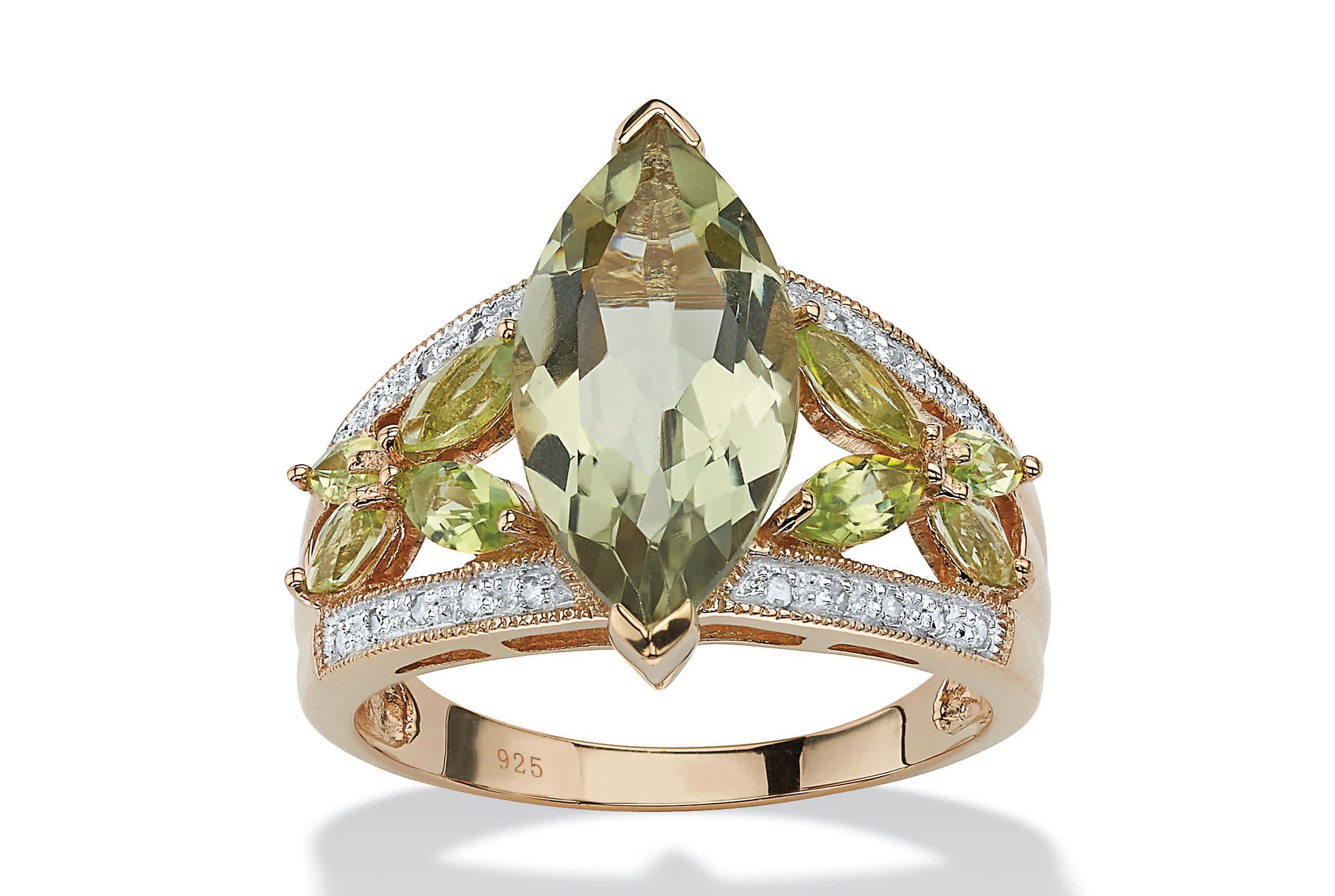 4.83 TCW Genuine Green Amethyst and Diamond Ring in Gold-Plated .925 Silver Ring