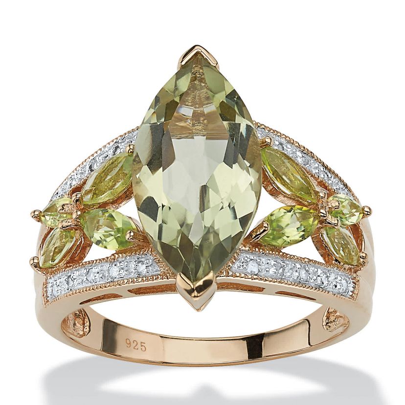 4.83 TCW Genuine Green Amethyst and Diamond Ring in Gold-Plated .925 Silver Ring