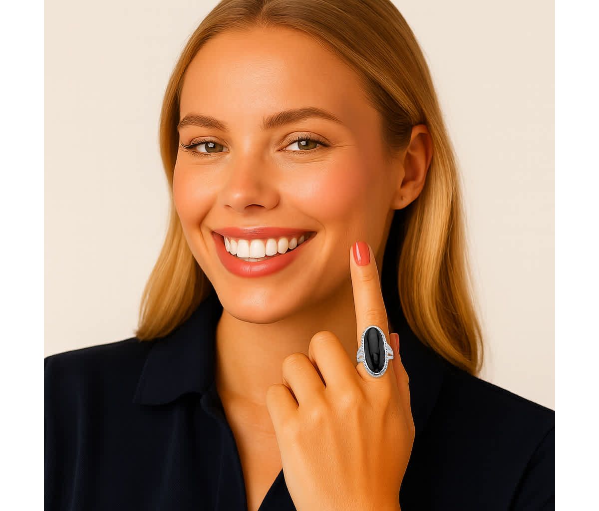 Genuine Black Onyx Sterling Silver Oval Cabochon Ring