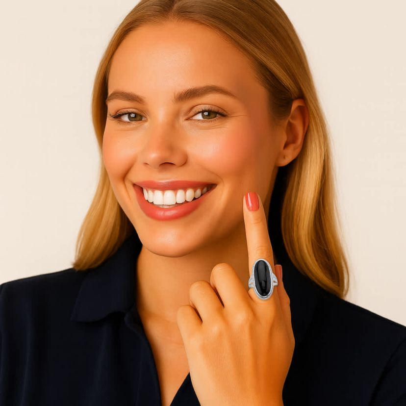 Genuine Black Onyx Sterling Silver Oval Cabochon Ring