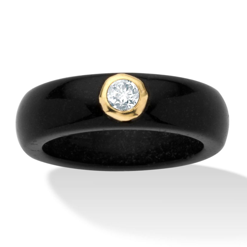10k Yellow Gold Band Ring Round Genuine White Topaz and Genuine Black Jade