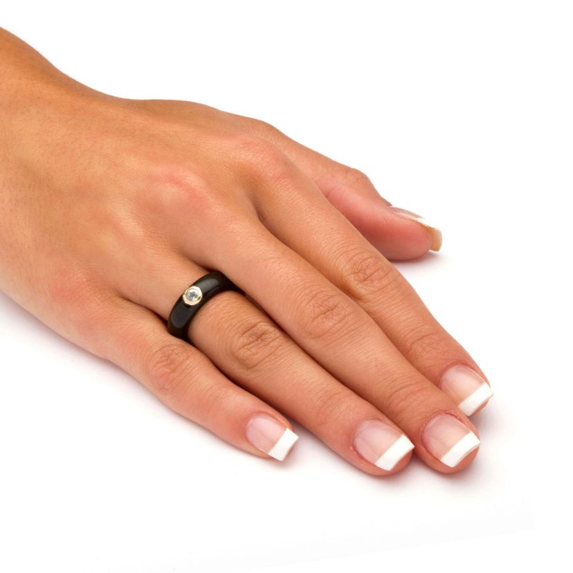 10k Yellow Gold Band Ring Round Genuine White Topaz and Genuine Black Jade