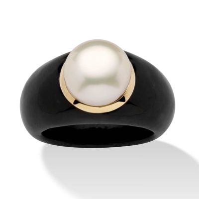 Seta Jewelry Round Cultured Freshwater Pearl Black Jade 10k Yellow Gold Ring, White, 8