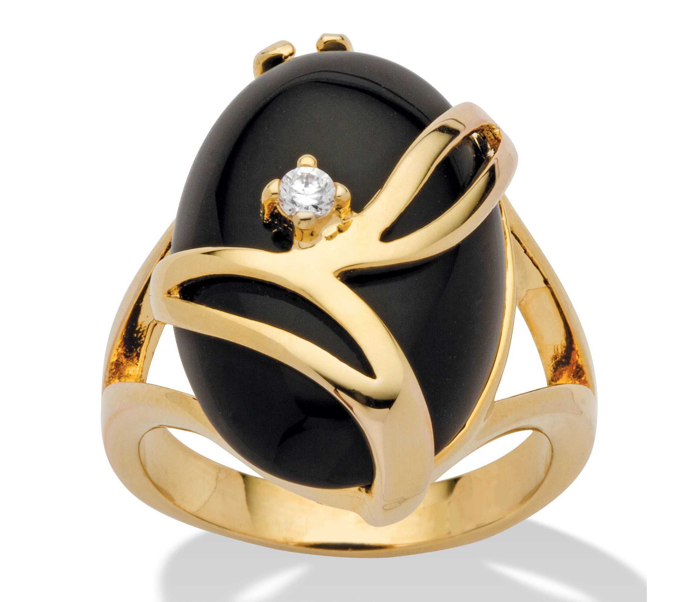Oval-Shaped Onyx and Crystal Accent Cocktail Ring in Gold-Plated