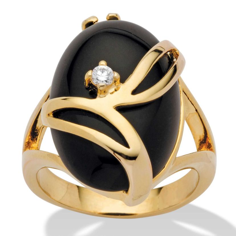 Oval-Shaped Onyx and Crystal Accent Cocktail Ring in Gold-Plated