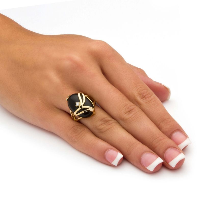Oval-Shaped Onyx and Crystal Accent Cocktail Ring in Gold-Plated