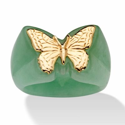 Seta Jewelry Genuine Green Jade 14k Yellow Gold Butterfly Accent Ring