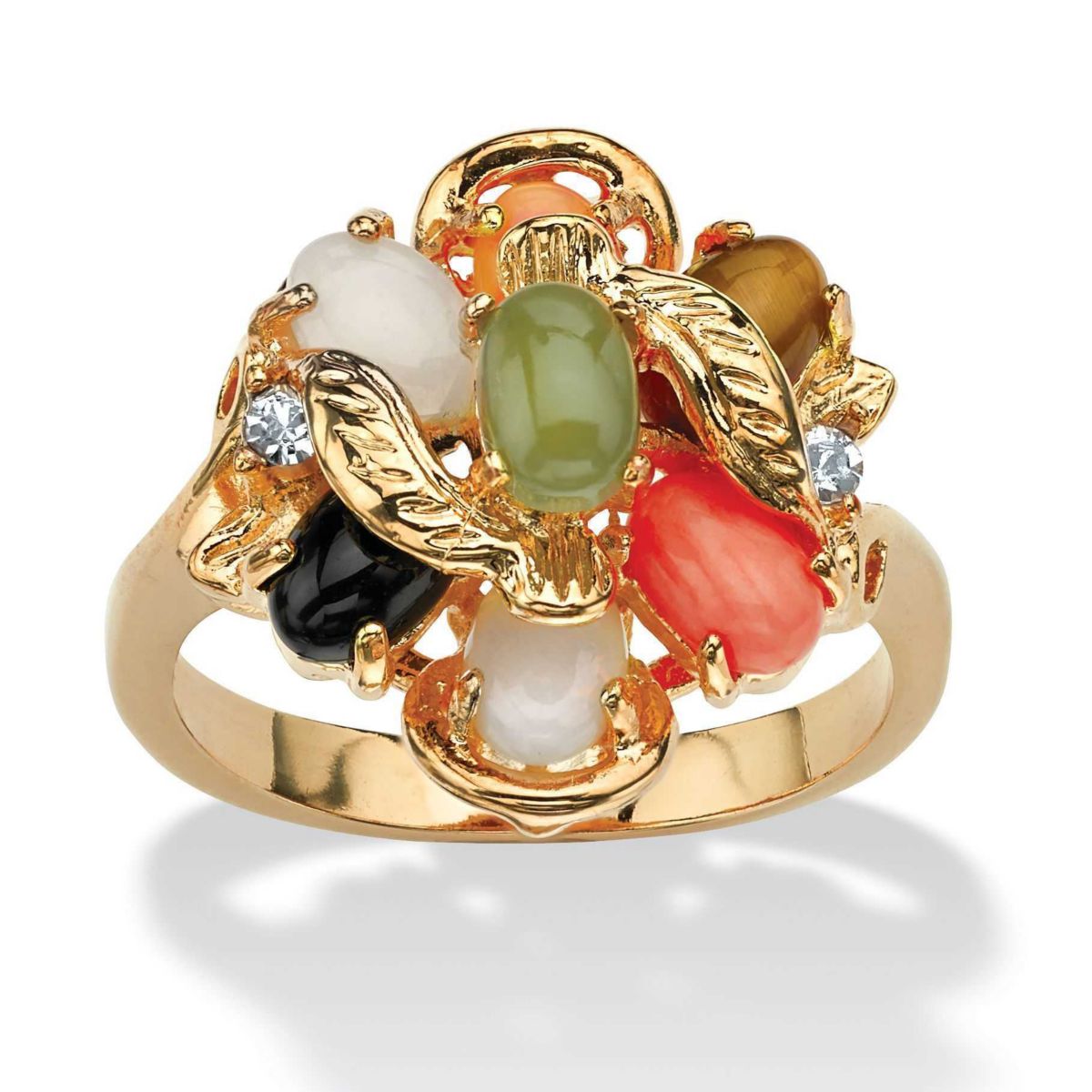 Coral, Opal, Jade, Onyx and Tigers-Eye Cluster Ring in Gold-Plated