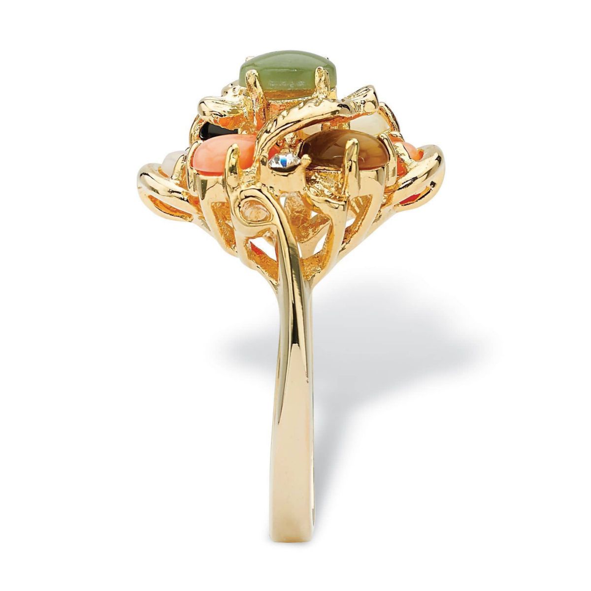 Coral, Opal, Jade, Onyx and Tigers-Eye Cluster Ring in Gold-Plated
