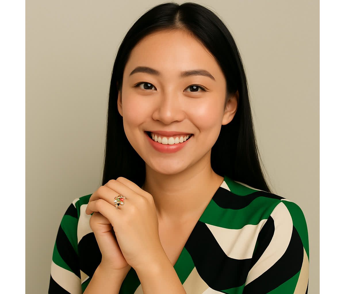 Coral, Opal, Jade, Onyx and Tigers-Eye Cluster Ring in Gold-Plated