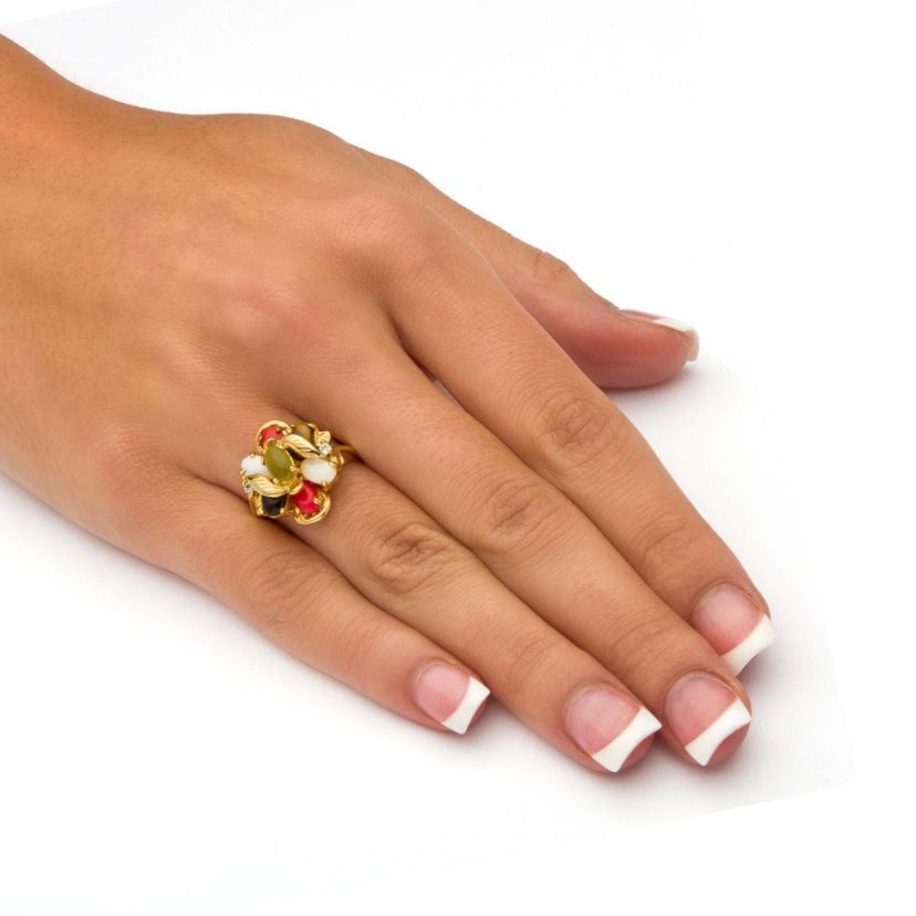 Coral, Opal, Jade, Onyx and Tigers-Eye Cluster Ring in Gold-Plated