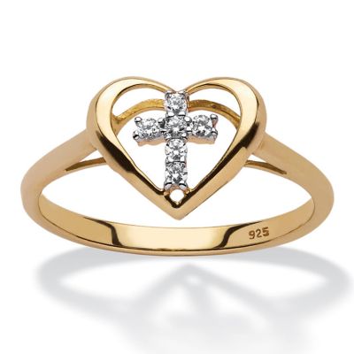 Seta Jewelry Diamond Accent Floating Cross Heart Ring in 18k Yellow Gold-plated Sterling Silver
