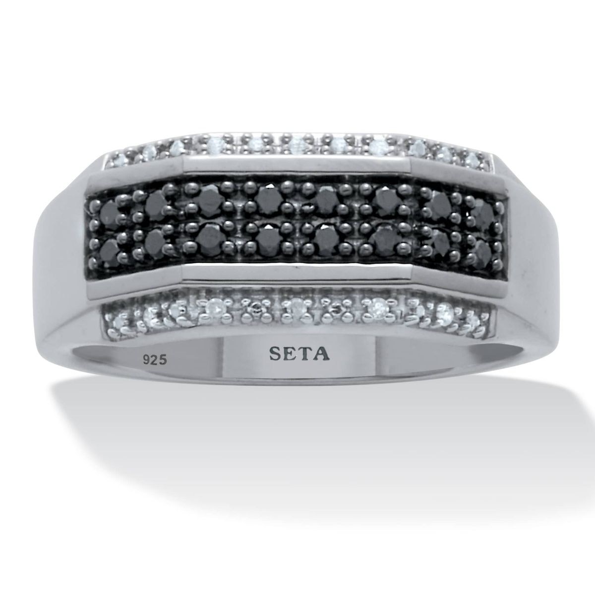 Mens .27 TCW Black and White Diamond Platinum-Plated Sterling Silver Ring