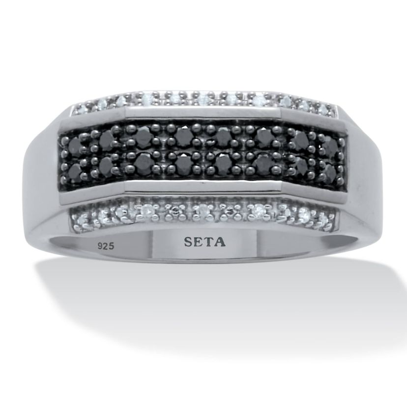 Mens .27 TCW Black and White Diamond Platinum-Plated Sterling Silver Ring