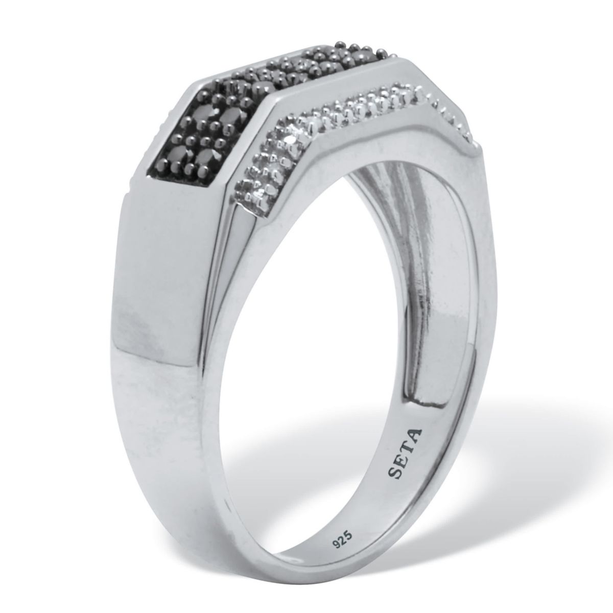 Mens .27 TCW Black and White Diamond Platinum-Plated Sterling Silver Ring