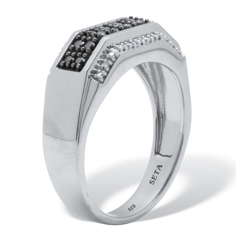 Mens .27 TCW Black and White Diamond Platinum-Plated Sterling Silver Ring