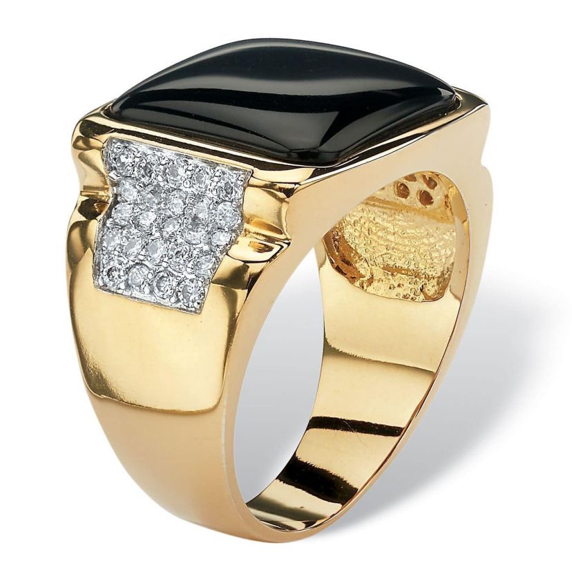 Mens .72 TCW Genuine Black Onyx and CZ Cabochon Ring Yellow Gold-Plated