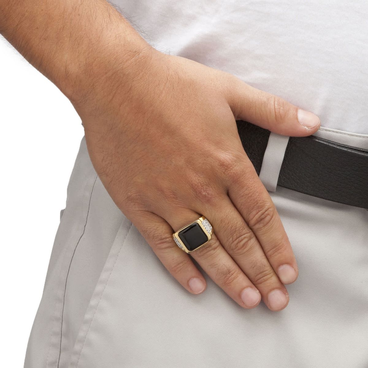 Mens .72 TCW Genuine Black Onyx and CZ Cabochon Ring Yellow Gold-Plated
