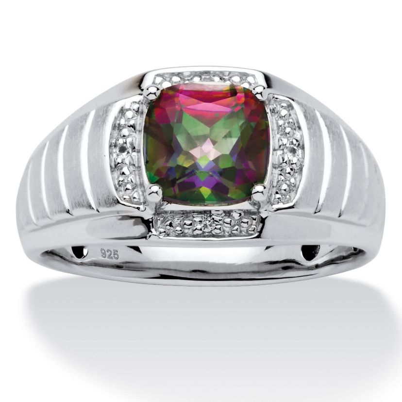 Lab Created Mens 2.72 TCW Fire Topaz and White Sapphire Platinum-plated Silver Ring