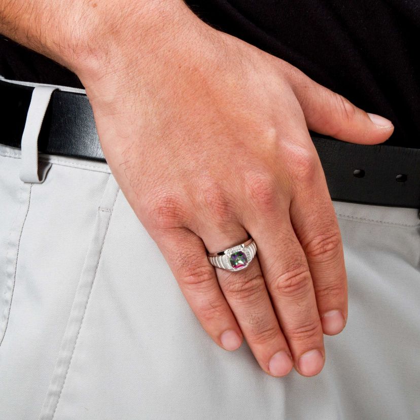 Lab Created Mens 2.72 TCW Fire Topaz and White Sapphire Platinum-plated Silver Ring