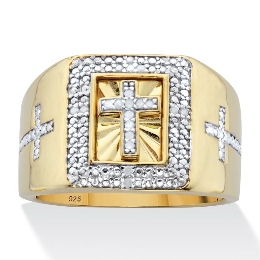 Mens 1/10 TCW Diamond Two-Tone Cross Ring in 14k Gold-plated Sterling Silver