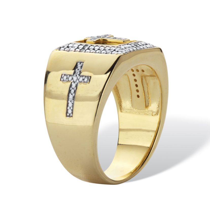 Mens 1/10 TCW Diamond Two-Tone Cross Ring in 14k Gold-plated Sterling Silver