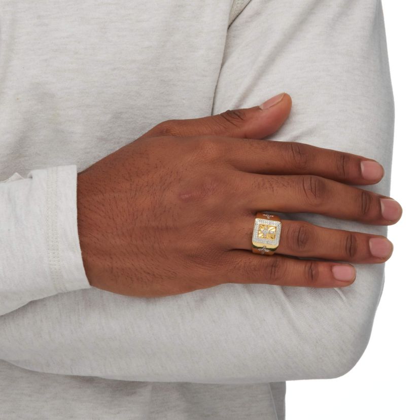 Mens 1/10 TCW Diamond Two-Tone Cross Ring in 14k Gold-plated Sterling Silver