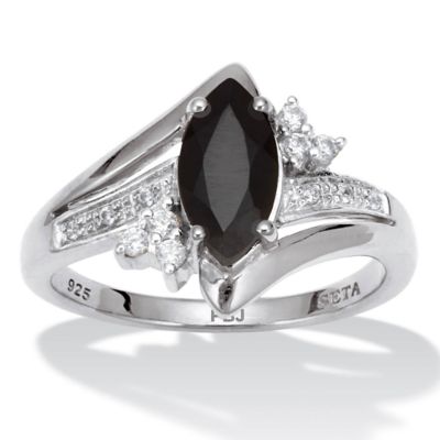 Seta Jewelry .12 TCW Marquise Cut Natural Black Onyx and Round Cubic Zirconia Platinum-Plated Sterling Silver Ring