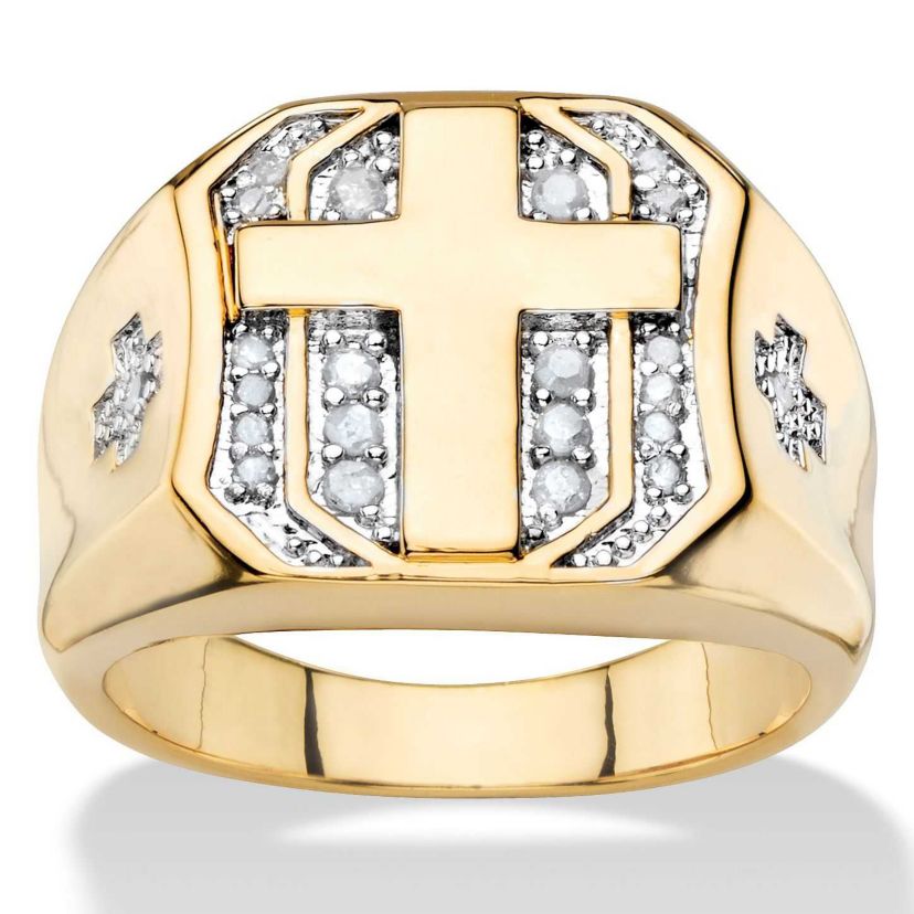 Mens 1/5 TCW Round Diamond Yellow Gold-Plated Pave-Style Octagon Cross Ring