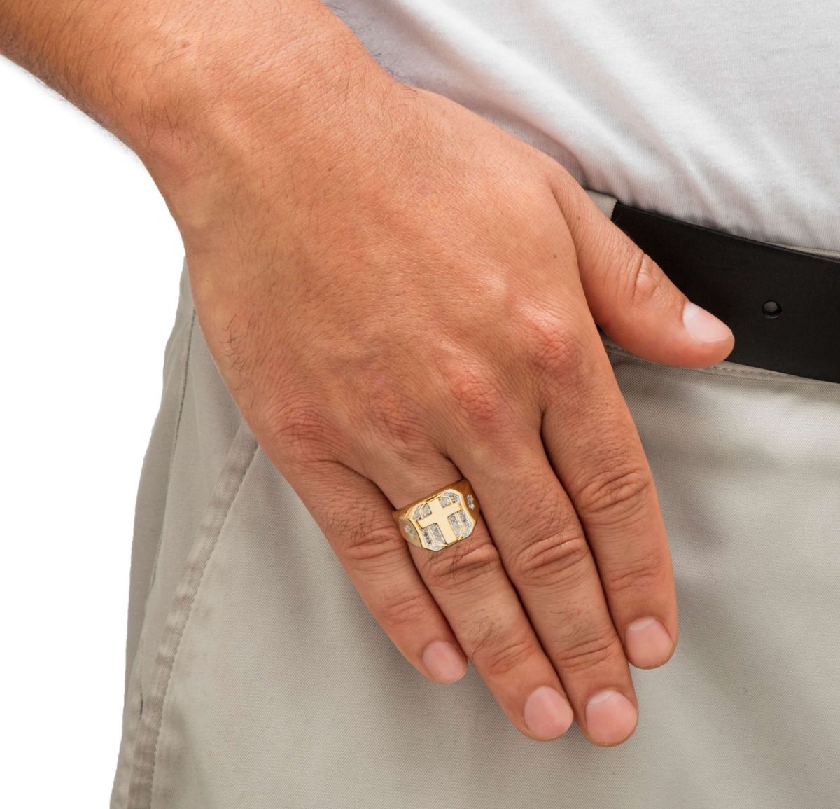 Mens 1/5 TCW Round Diamond Yellow Gold-Plated Pave-Style Octagon Cross Ring