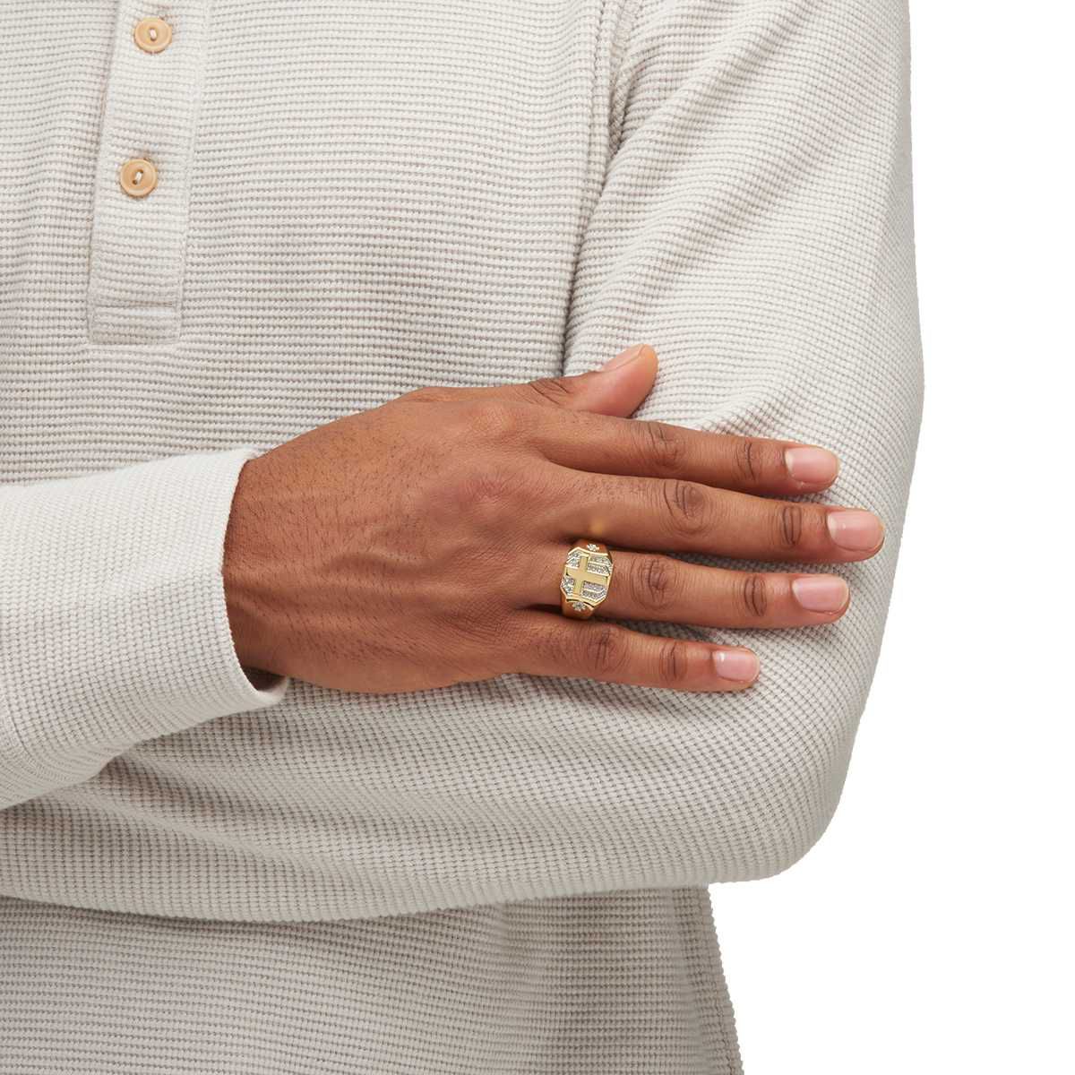 Mens 1/5 TCW Round Diamond Yellow Gold-Plated Pave-Style Octagon Cross Ring