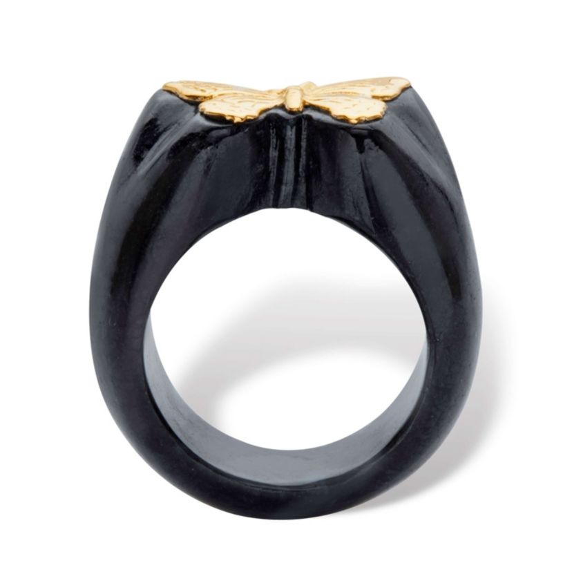 Genuine Black Jade Solid 10k Yellow Gold Butterfly Ring