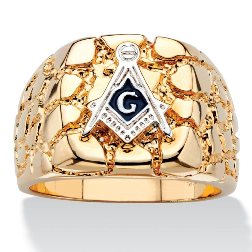 Mens Nugget-Style Yellow Gold-Plated Masonic Insignia Ring
