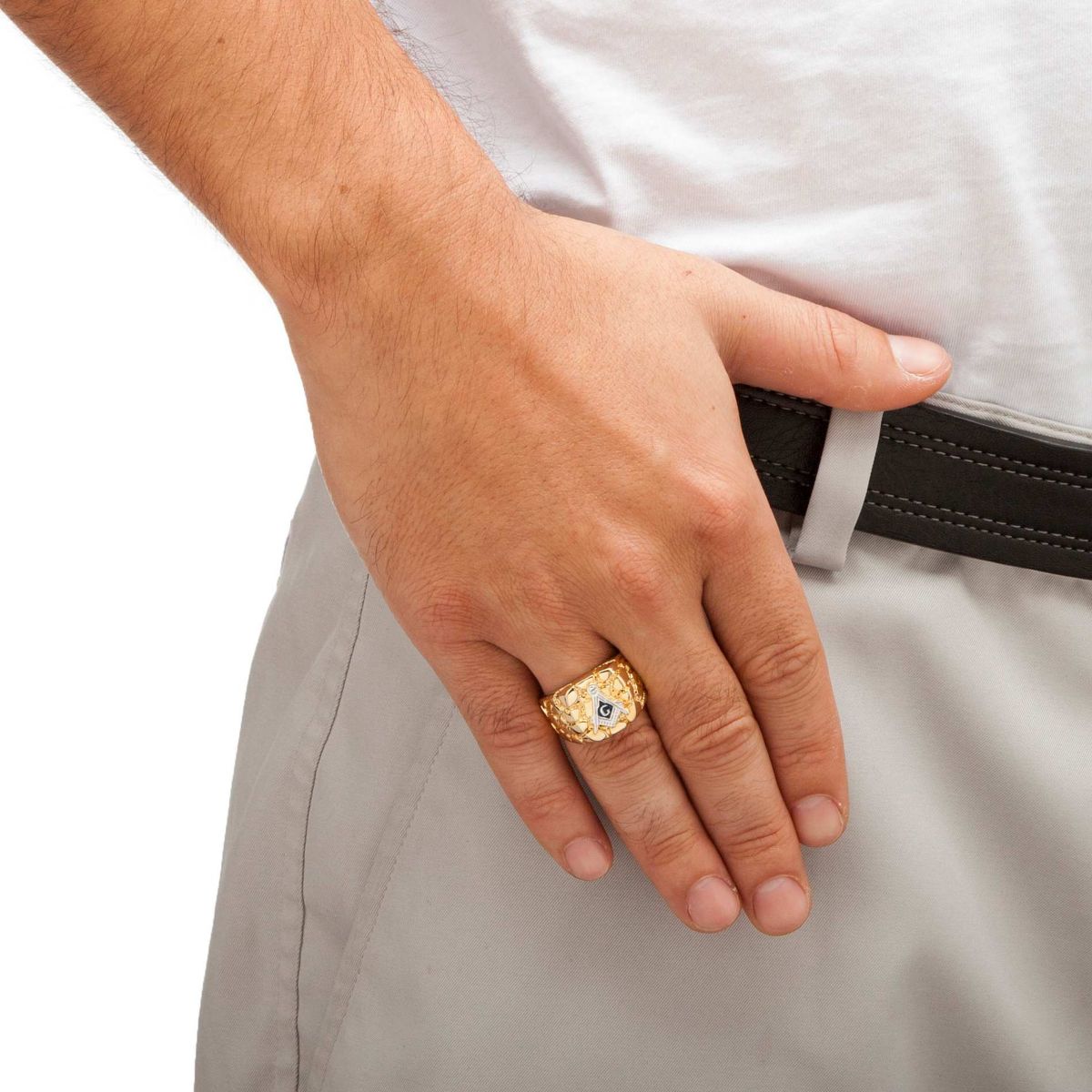 Mens Nugget-Style Yellow Gold-Plated Masonic Insignia Ring