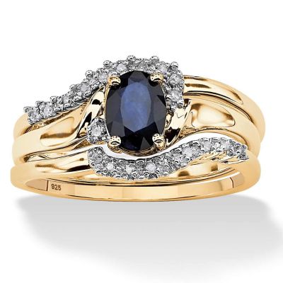 Seta Jewelry 1.05 TCW. 3 Piece Oval-Cut Midnight Sapphire Bridal Ring Set in 18k Gold-Plated Sterling Silver, Blue
