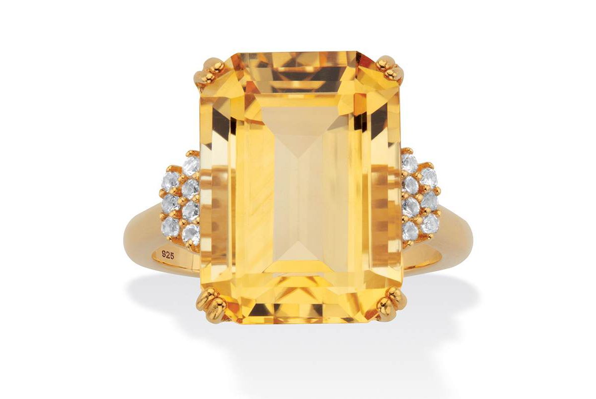 15.92 Cttw. Emerald Cut Citrine and White Topaz 18k Gold-Plated Silver Ring