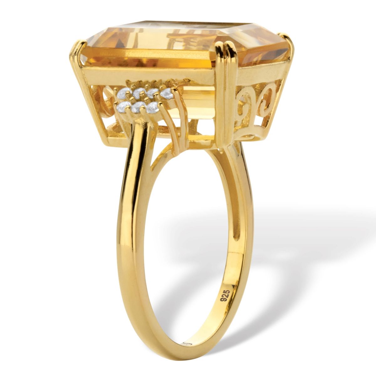 15.92 Cttw. Emerald Cut Citrine and White Topaz 18k Gold-Plated Silver Ring