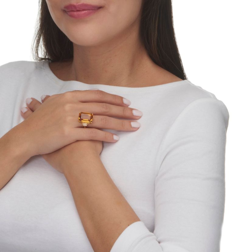 15.92 Cttw. Emerald Cut Citrine and White Topaz 18k Gold-Plated Silver Ring