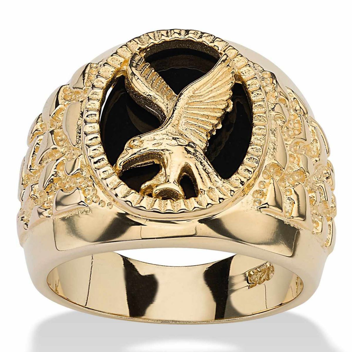 Mens Oval-Shaped Genuine Onyx 14k Gold-plated Sterling Silver Eagle Ring