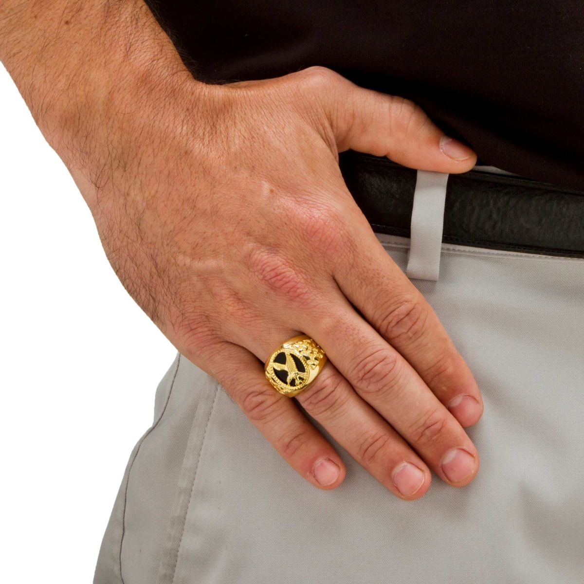 Mens Oval-Shaped Genuine Onyx 14k Gold-plated Sterling Silver Eagle Ring