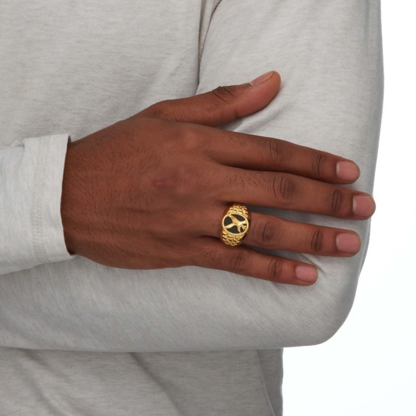 Mens Oval-Shaped Genuine Onyx 14k Gold-plated Sterling Silver Eagle Ring