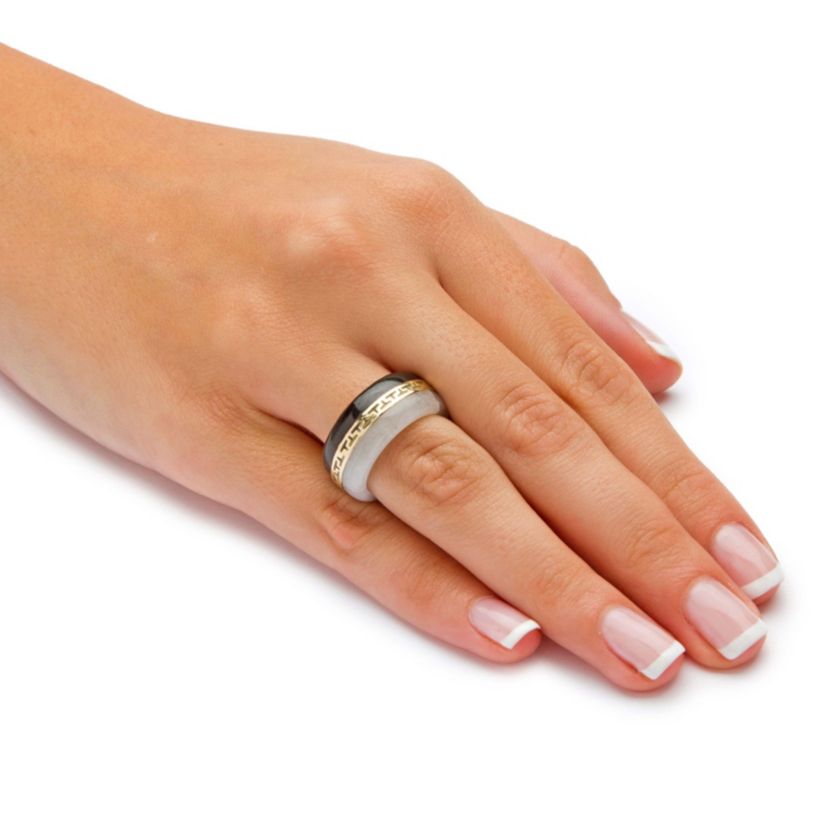 Round Black and White Jade 14k Yellow Gold "Greek Key" Ring