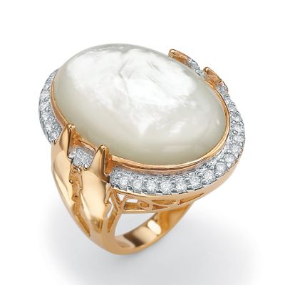 Seta Jewelry .60 TCW Cubic Zirconia and Bezel-Set Oval-Shaped Genuine Mother-of-Pearl Gold-Plated Ring, White, 9