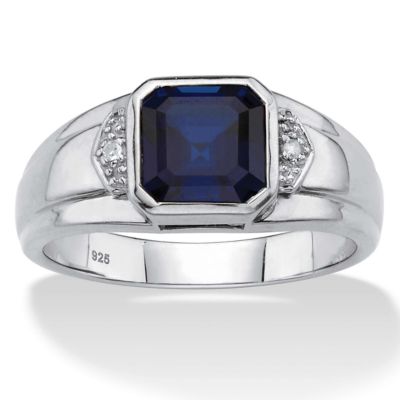 Seta Jewelry Lab Created Men's Created Blue Sapphire and Diamond Accent Ring 1.27 TCW in Platinum-plated Sterling Silver, 10