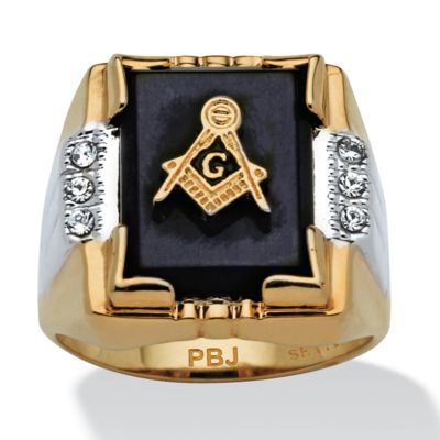 Seta Jewelry Men's Genuine Onyx and Crystal Two-Tone Masonic Gold-Plated Ring